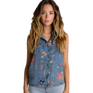 RARE Vintage Susan Bristol Denim Vest. Hand embroidered flowers & leaves Size 1X
